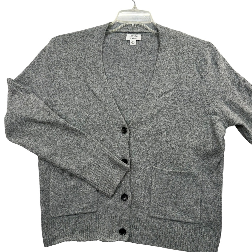 J.Crew Cardigan Sweater Women Large Gray Extra-Soft V-Neck Button Front Pockets